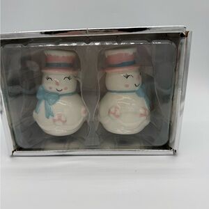 Snowman Salt & Pepper Shakers 3.25" Winter Magic White Pink Blue Ceramic Holiday